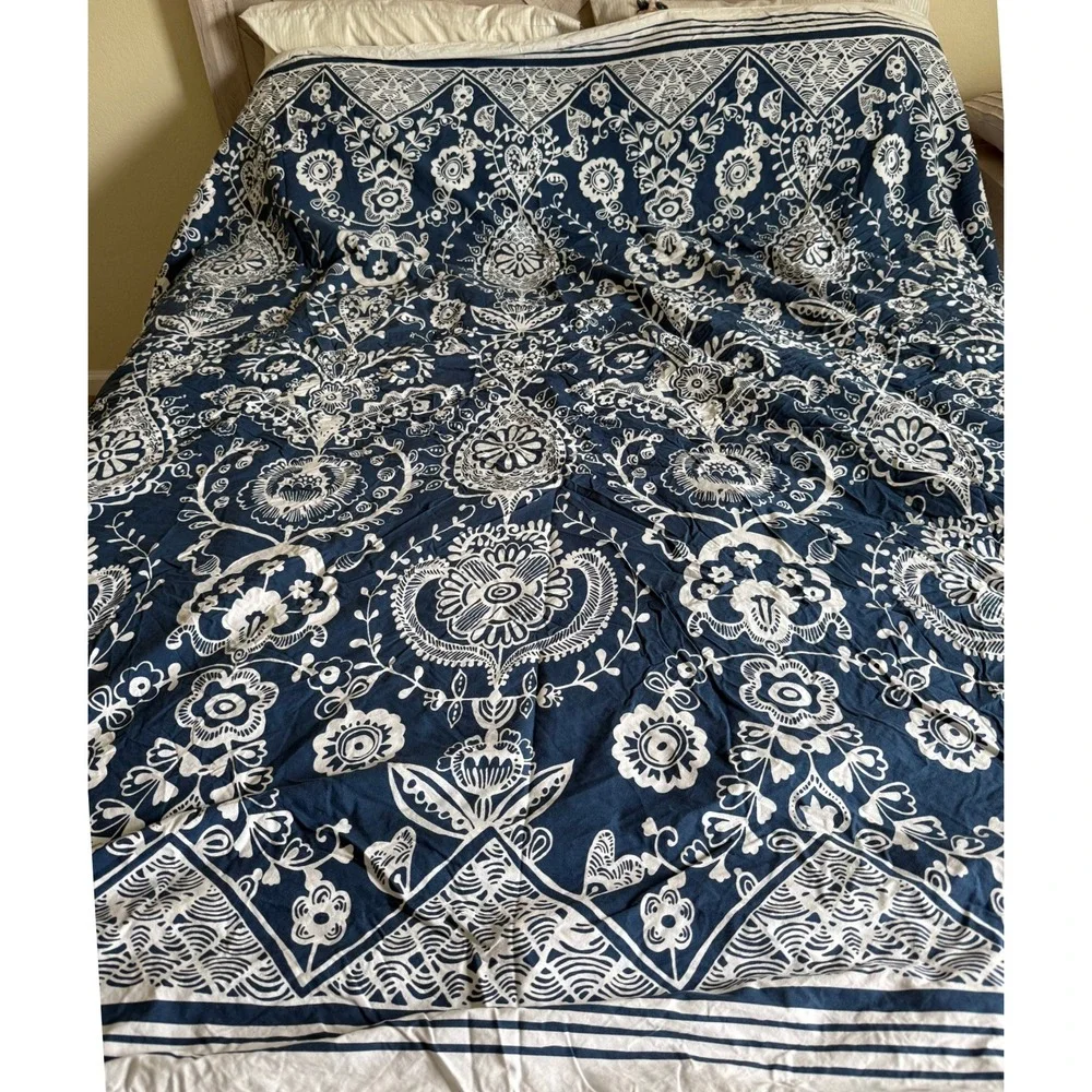 Pottery Barn Teen Natalia Floral Duvet Cover Navy Blue White Full Queen Cotton